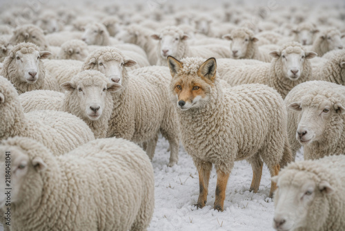 Fox disguised in sheep fleece stands among a snowy flock.