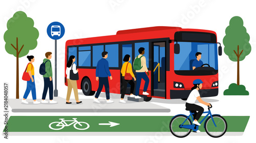 Passengers Boarding Red City Bus at Sidewalk Stop with Bike Lane and Trees, Bold Flat Colors Urban Transit Illustration - professional high resolution commercial stock detailed commercial stock