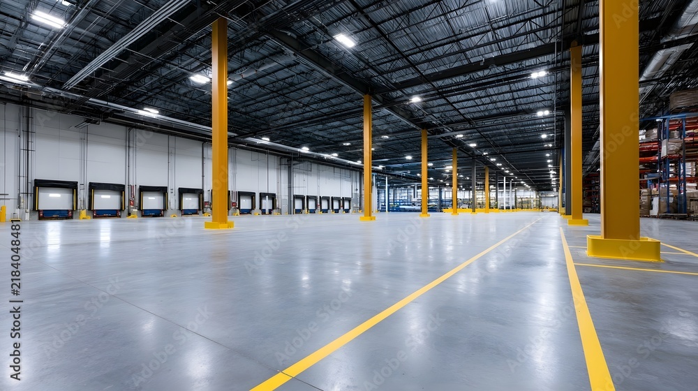Obraz premium A vast industrial warehouse interior with yellow support columns polished concrete floor and overhead lighting fixtures