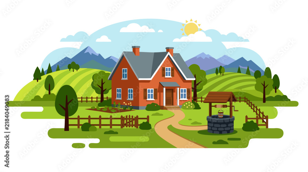 Naklejka premium Charming Red Brick Country House with Stone Well in Front Yard Vector Illustration Rolling Green Hills Distant Blue Mountains Sunny Pastoral Countryside Landscape Farmhouse Scene Flat Design
