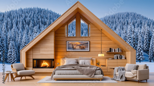 Cozy mountain cabin interior, warm wood accents, comfortable seating, ideal for relaxation and winter gatherings.