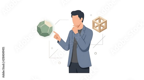 Thinking man exploring dodecahedron and wireframe cube structures for scientific research concepts.