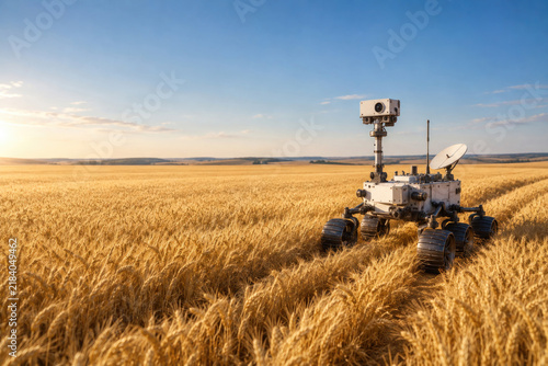 Autonomous rover moves through a golden wheat field. Space for text.