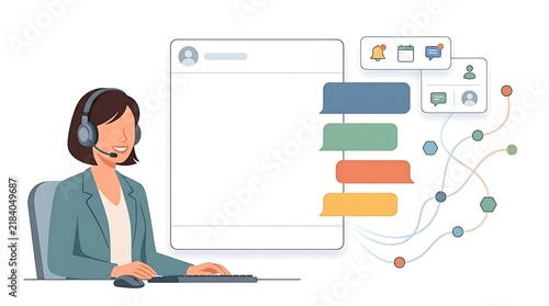 Help desk operator working at desk with multiple chat bubbles and dashboard icons for support center.
