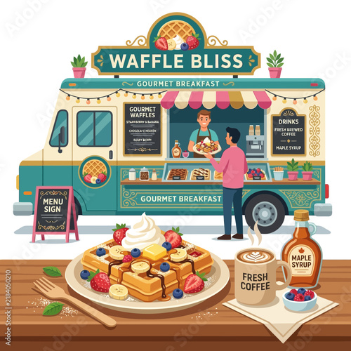 Gourmet Waffle Food Truck Breakfast Scene with Coffee and Maple Syrup