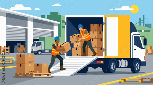 Two warehouse workers in safety vests loading cardboard boxes onto the open back of a yellow delivery truck at industrial loading dock illustration - professional high detailed commercial stock