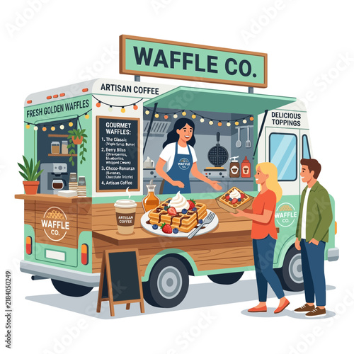 Happy Couple Buying Waffles From Food Truck 