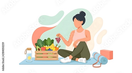 Woman practicing yoga and eating healthy fruit bowl in bright home gym environment for wellness goal.