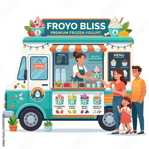 Happy Family Enjoying Frozen Yogurt from a Colorful Food Truck