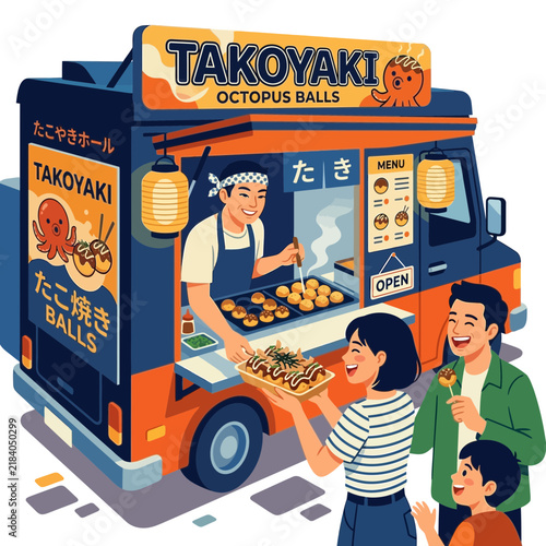 Happy Family Enjoying Delicious Takoyaki Octopus Balls from a Food Truck