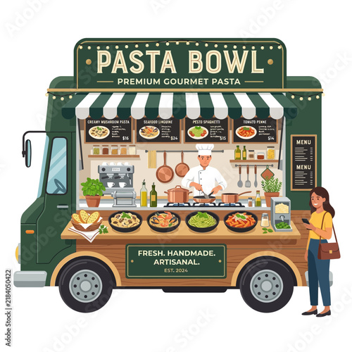Gourmet Pasta Food Truck with Chef and Customer | Fresh Handmade Italian Dishes