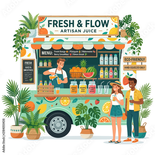 Healthy Juice Bar Truck with Fresh Fruits and Customers