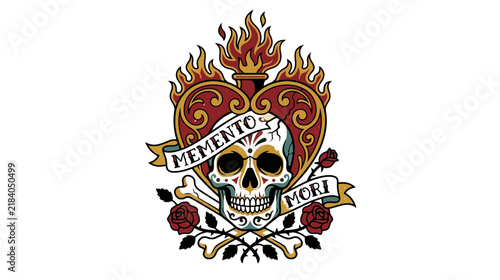 Memento Mori Skull Heart Flames Roses Tattoo Design Isolated