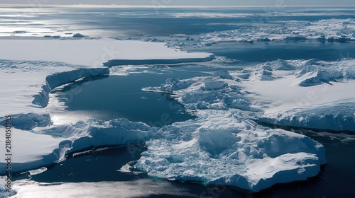 Aerial view of vast icy landscape with glaciers and ocean