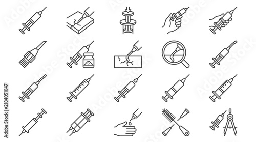 Comprehensive Set of Medical Syringe and Needle Line Icons for Healthcare and Vaccination Design