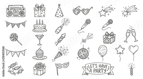 Collection of hand-drawn party celebration icons and doodle elements for birthday and festive events
