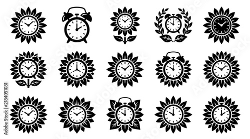 Flat vector icon set of creative alarm clocks combined with sunflower and leaf motifs