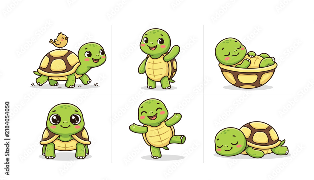 Fototapeta premium Cute cartoon green turtle character vector illustration set showing different actions walking waving dancing sleeping and holding a bird