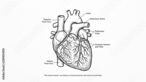 Anatomical illustration of the human heart showing the vascular network with labels for aorta, vena cava, and pulmonary arteries