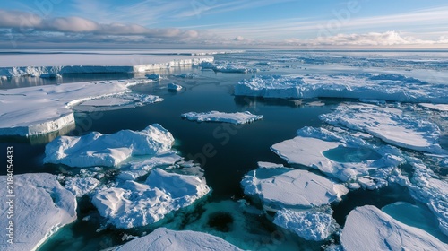 Aerial view of Antarctic icebergs floating in dark blue ocean water