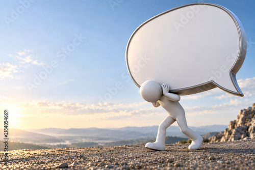 White figure carries a giant blank speech bubble uphill. Space for text.
