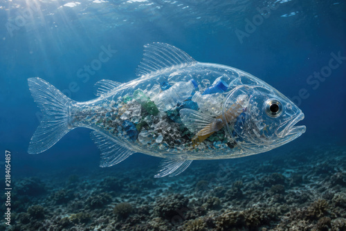 Transparent fish body contains plastic bottles and waste underwater.