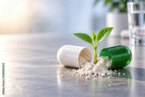 Green seedling grows between an open capsule and spilled powder. Space for text.