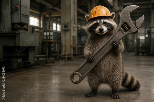 Raccoon in a hard hat holds an oversized adjustable wrench.