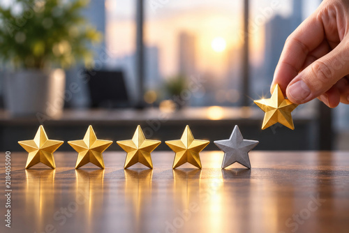 Hand adds a gold star beside a row of rating stars. Space for text.