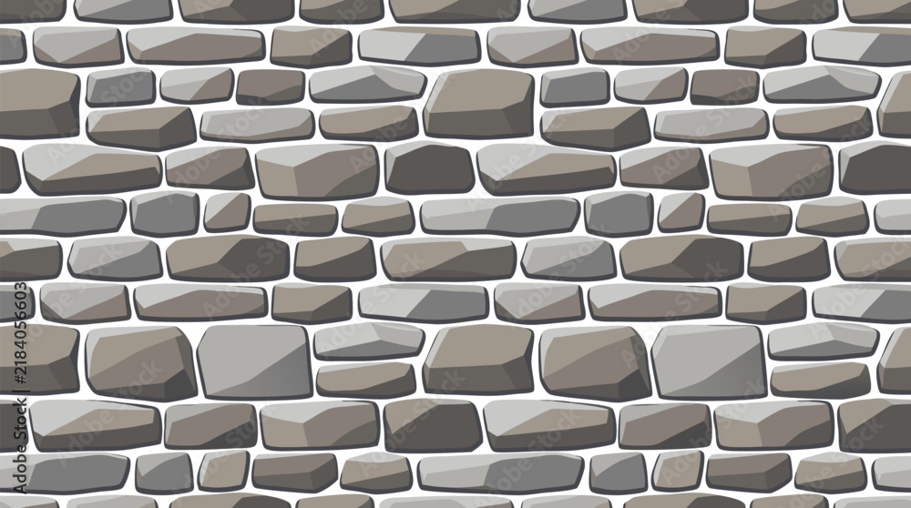 Fototapeta premium Seamless repeating stone wall pattern with stacked blocks featuring realistic light and shadow effects, warm gray hand-drawn vector illustration texture for background tileable surface design