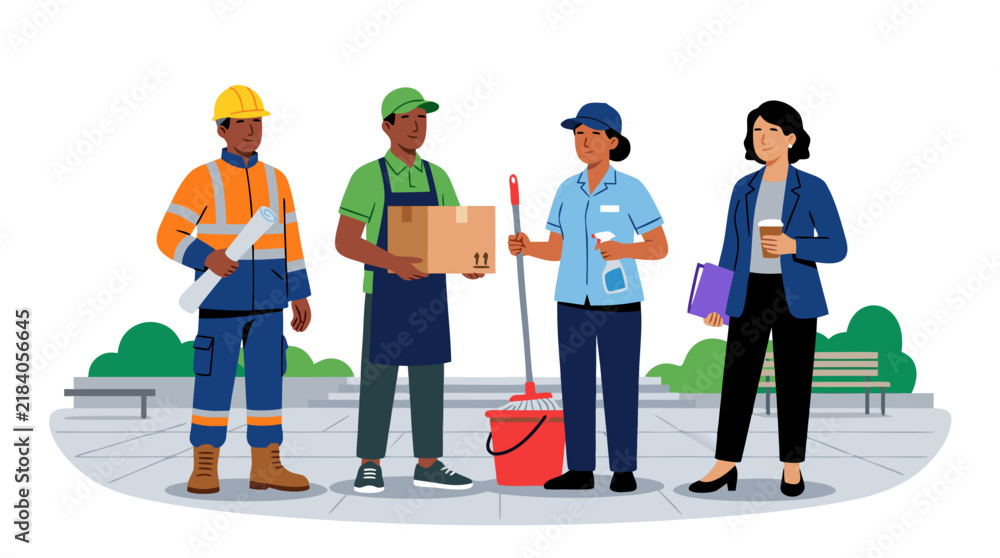 Obraz premium Diverse Workers in Uniforms Vector - Construction Delivery Cleaning Office Employees Teamwork Workforce Illustration - professional high resolution commercial stock detailed commercial stock imagery