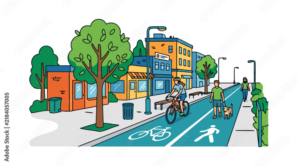 Naklejka premium Car-Free Urban Street with Bicycle Lane and Pedestrian Path, Cyclist and Dog Walker Among Leafy Trees and Colorful Buildings, Sustainable City Transportation Concept Illustration