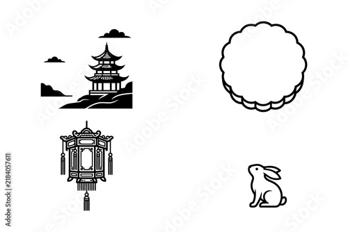Set of traditional chinese mid autumn festival elements including mooncake pagoda lantern and jade rabbit silhouette