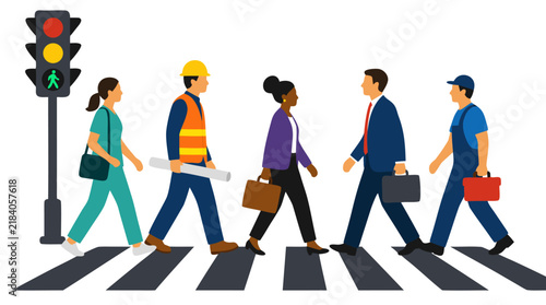 Diverse Workers Walking Across Zebra Crosswalk Under Traffic Light - Healthcare Professional, Construction Worker, Business People, and Mechanic in Bold Flat Vector Style