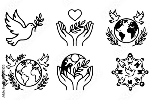 Collection of hand drawn peace symbols featuring doves earth globes and caring human hands