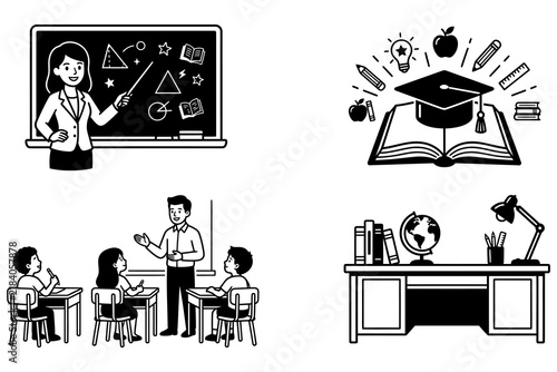 Set of black and white educational illustrations featuring teachers students and classroom school supplies