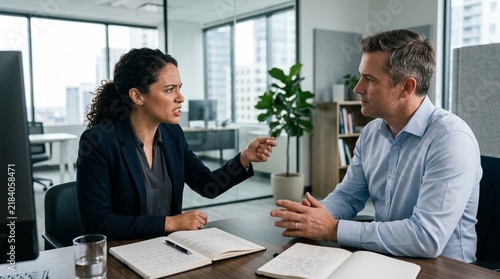 Colleagues arguing in office meeting room, disagreement and conflict at work