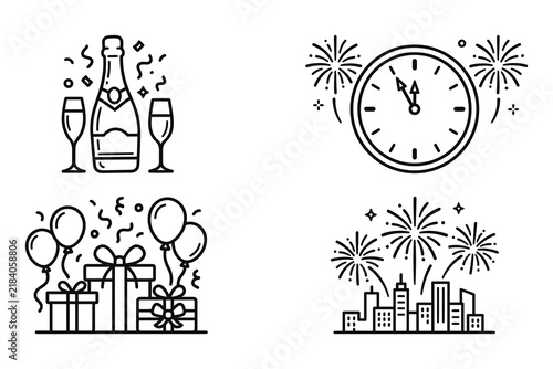 Set of hand drawn doodle icons for new years eve celebration and festive holiday party events
