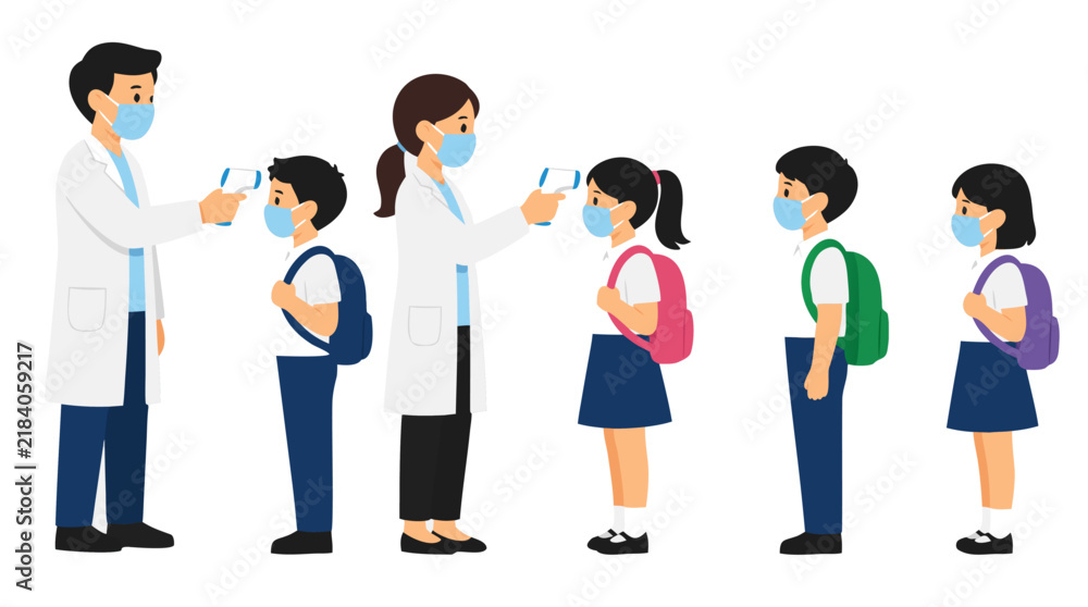 Obraz premium Two Doctors Medical Staff White Coats Checking Temperature School Children With Handheld Infrared Thermometer COVID-19 Health Screening Pandemic Safety Measure Vector Illustration