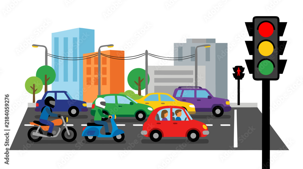 Naklejka premium Flat geometric vector illustration of colorful cars motorcycles and scooters queued waiting at red traffic light on urban city street intersection with buildings and trees
