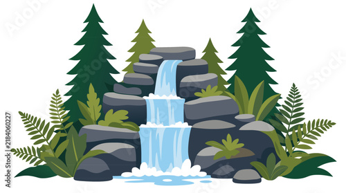 Stylized flat color vector illustration of a serene waterfall cascading down layered gray stones surrounded by tall pine trees and lush green ferns in a peaceful forest landscape design