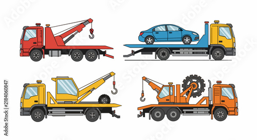 A set of four colorful flat vector illustrations depicts various tow trucks and recovery.