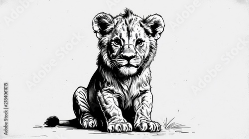 A vintage style black and white pencil sketch of a majestic little lion cub. Wild animal portrait graphic illustration, children book creative drawing template.