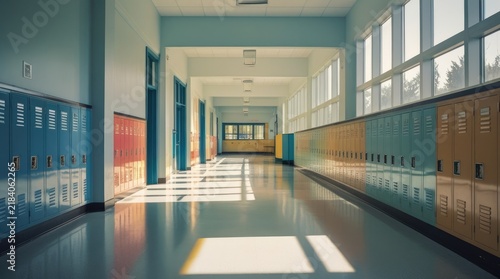 An empty primary school corridor with colorful lockers and windows is lit by morning sun. Educational institution building interior, back to school background layout.