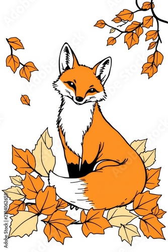 A vector graphic illustration of an orange fox sitting among autumn maple leaves. Colorful wild animal art design, autumn seasonal backdrop template.