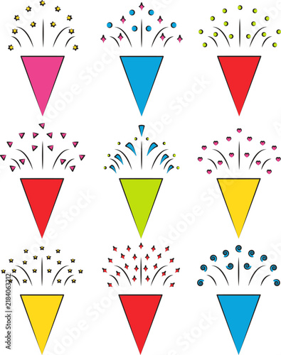 Colorful party poppers confetti celebration set