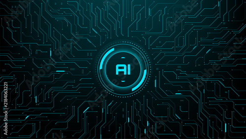 Fotografía Glowing AI badge on circuit board background
