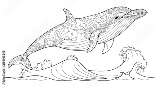 A black and white line art outline of a decorated whale leaping over sea waves. Detailed zentangle pattern animal book page design template, creative hobby activity sheet.