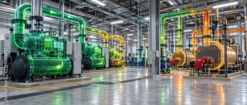 Digital Twin of Industrial Boiler and Chiller Plant Room, Glowing Wireframe Overlay Showing Fluid Flow Direction for Facility Energy Technology