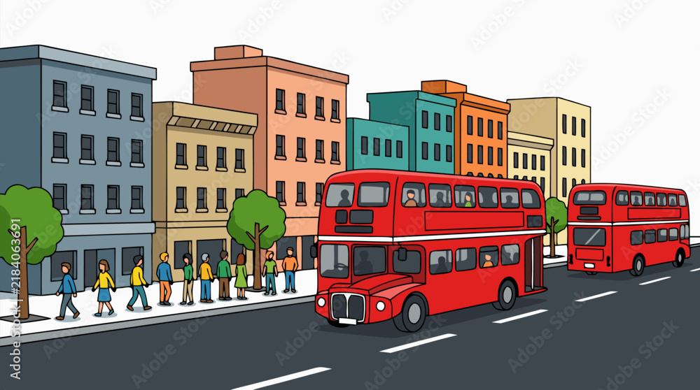 Obraz premium Red double decker tour bus driving down busy city street with another bus behind, colorful simplified buildings and pedestrians walking on sidewalk, flat vector illustration style